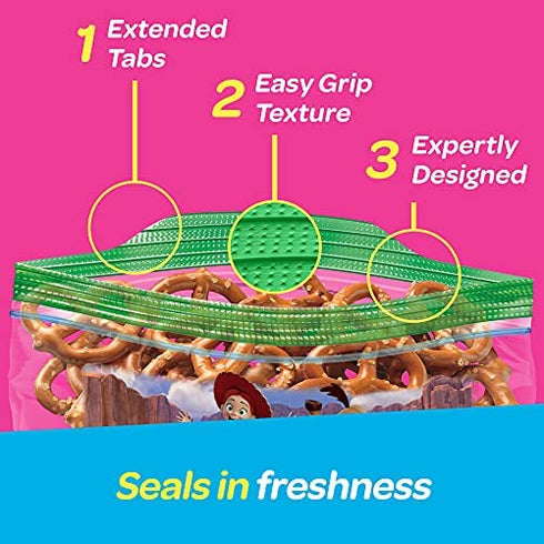 Ziploc Snack Bags for On the Go Freshness, Grip 'n Seal Technology for Easier Grip, Open, and Close, 66 Count, Pixar Designs