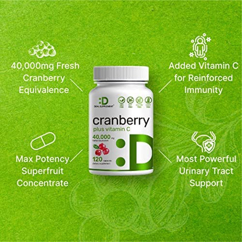 Cranberry Pills with Vitamin C , 2-1 Formula, 100 :1 Fruit Concentrate | Equals to 40,000 mg Fresh Cranberries | 120 Capsules, 4X Ultimate Urinary Tract Support, No Sugar, No GMO, No Gluten