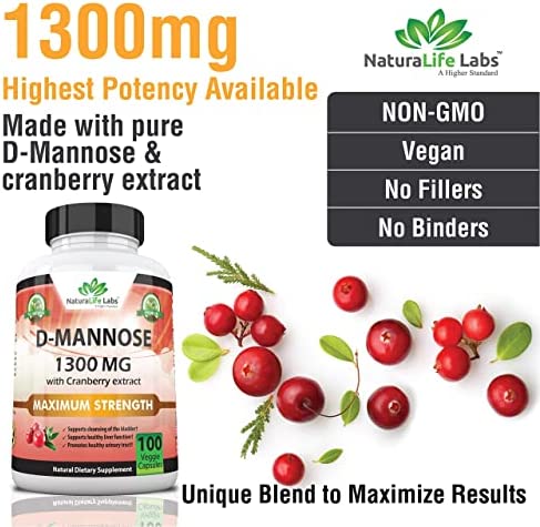 D-Mannose 1,300 mg with Cranberry Extract Fast-Acting, Flush Impurities, Natural Urinary Tract Health- 100 Veggie Capsules