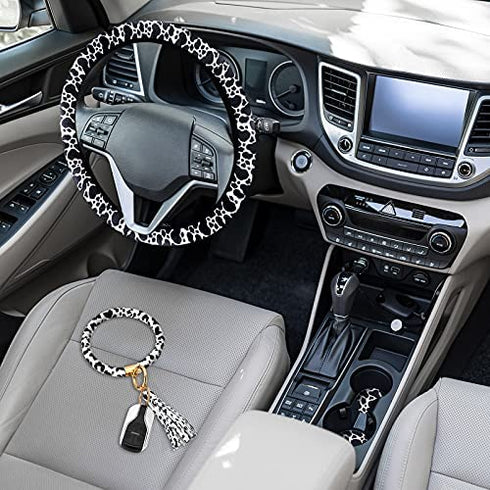 4 Pieces Cow Print Car Accessories Set, Cow Steering Wheel Cover, Cow Car Cup Mats and Cow Keyring Bracelet for Car, Truck, SUV
