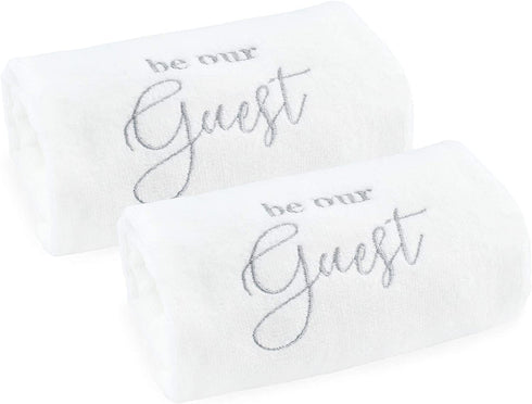 AuldHome Design Guest Towels (Set of 2); Be Our Guest Monogrammed Hand Towels, White with Gray Script