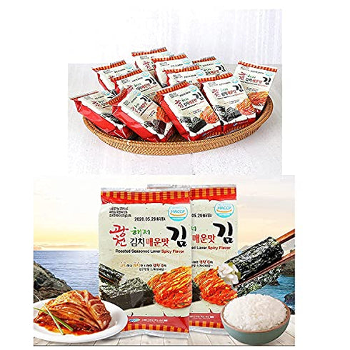 Korean Crispy Seasoned Seaweed Snacks Kimchi Spicy Sheets - 12 Individual Packs 100% Natural Laver 12 Pack Roasted Nori Snack Healthy Premium Gim by Unha's Asian Snack Box