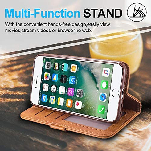 KUDEX iPhone 7 Plus Wallet Case for Women,iPhone 8 Plus Case, Flip Leather Shockproof Magnetic Zipper Pocket Wallet Purse Case w/Stand Card Slot Holder Wrist Strap for iPhone 7 Plus/8 Plus (Brown)