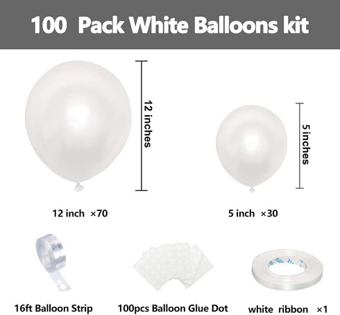 ZHIREPYU White Balloon Garland Arch Kit,100 Pack White Balloons 12inch 5inch,Matte White Latex Balloon Arch Kit for Baby Shower Birthday Wedding Graduation Party Decorations Supplies
