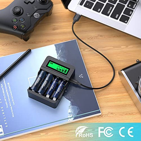Deleepow 4 Bay Rapid Smart LCD USB AA Battery Charger for AA AAA Lithium Rechargeable Batteries