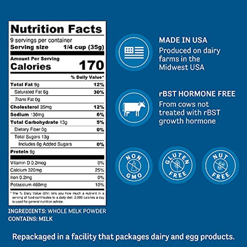 Judee’s Pure Whole Milk Powder 11 oz - 100% Non-GMO, rBST Hormone-Free, Gluten-Free and Nut-Free - Pantry Staple, Baking Ready, Great for Travel, and Reconstituting - Made in USA