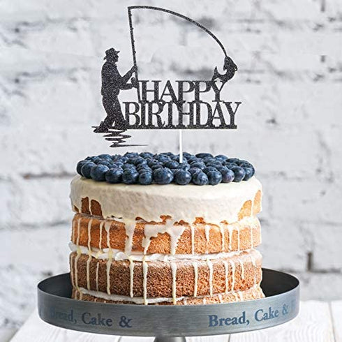 Black Glitter Happy Birthday Cake Topper, Birthday Party Decorations, Fishing Cake Topper, Fisherman Birthday Party Supplies