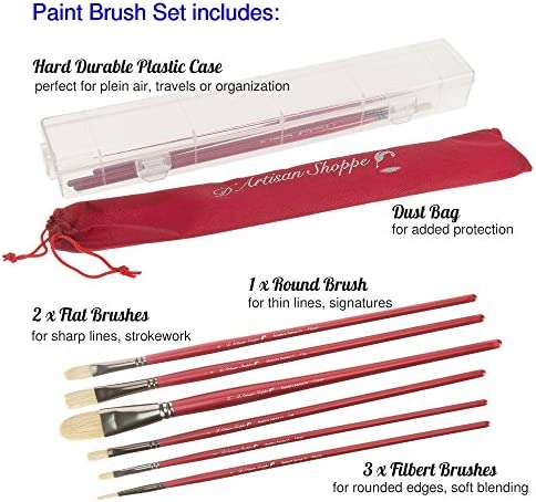 Oil Acrylic Paint Brushes Set. 100% Natural Chungking Hog Hair Bristle in Portable Organizer Plastic Container. 6pc Filbert Flat and Round Paintbrush Gift Kit.