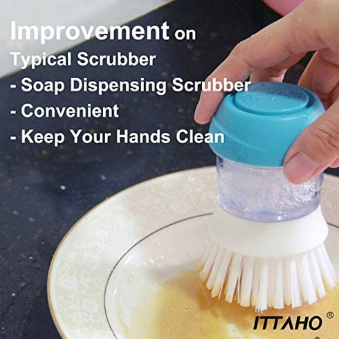 ITTAHO Dish Brush with Soap Dispenser,Palm Brush Storage Holder Set,Kitchen Scrubber for Pan,Dishwand,Sink Clean and Vegetables