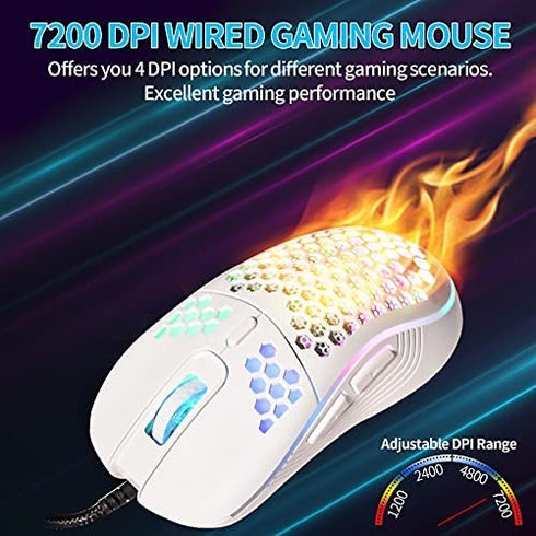 Honeycomb Wired Gaming Mouse, RGB Backlight and 7200 Adjustable DPI, Ergonomic and Lightweight USB Computer Mouse with High Precision Sensor for Windows PC & Laptop Gamers (White)