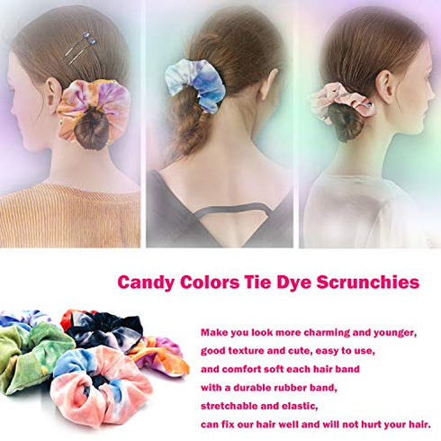 IVARYSS Scrunchies for Girls, 12 Pcs Tie Dye Velvet Scrunchies for Hair, Soft Rainbow Ponytail Holder, Cute Candy Colors Elastic Hair Bands for Teens and Women