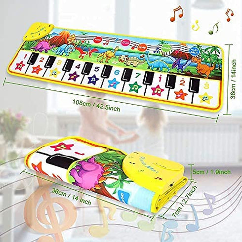 M SANMERSEN Piano Mat for Kids, 43” x 14” Dinosaur Floor Keyboard Music Dance Play Mat with 10 Demo Songs/ 8 Dinosaur Sounds/ Adjustable Volume/ Record/ Playback Musical Mat Toys Gift for Boys Girls