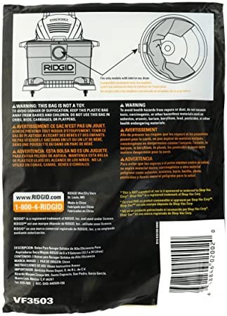 Ridgid VF3503 High Efficiency, Dry Pickup Dust Bags for 6 - 9 Gallons Ridgid Wet / Dry Vacuums at (2 Pack)