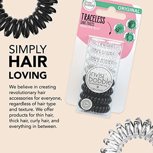 invisibobble Original Traceless Spiral Hair Ties - Pack of 8, Crystal Clear and True Black- Strong Elastic Grip Coil Accessories for Women - Non Soaking - Gentle for Girls Teens and Thick Hair