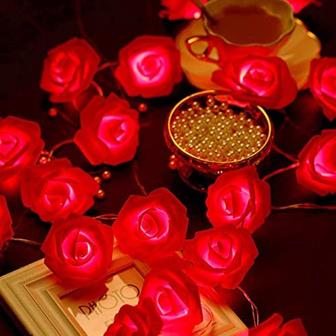 FULLBELL Fairy String Lights Red Rose Flower Lights 20 LED Battery Operated Indoor String Lights Romantic Gift for Date Wedding Valentine's Day Dreamlike Party Bedroom Girl Girlfriend Women (Red)