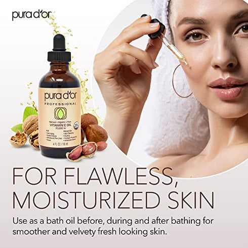 PURA D'OR Organic Vitamin E Oil Blend (4oz / 118mL) 70,000 IU 100% Pure Natural Hexane Free - Sweet Almond, Apricot, Jojoba, Argan, Rosehip, Sunflower & Avocado Oil For Scars, Skin, Face, Bath & Body