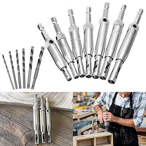 21 pcs Center Drill Bit Set, AFUNTA Self Centering Hinge Tapper Core Hole Puncher 5/64'' 7/64'' 9/64'' 11/64'' 13/64'' 5mm 1/4'' & 1 Pcs Hex Key & 10 Pcs Replacement Drill Bits