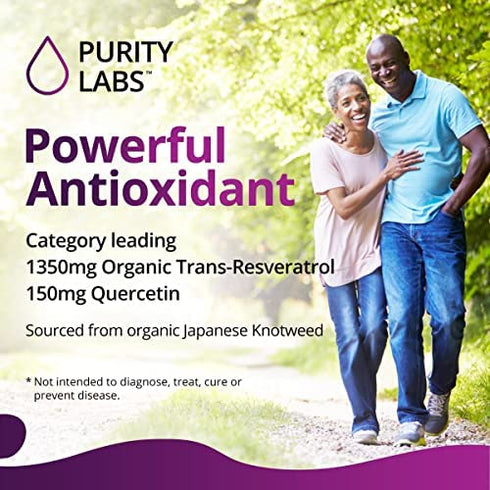Purity Labs Pure Organic Trans-Resveratrol - Vegan Supplements for Heart, Skin, Hair, Nails - Anti Aging Antioxidant Supplement - 90 Capsules