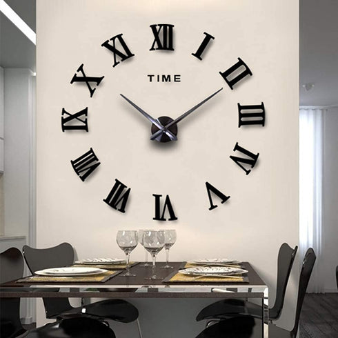 Mila 3D Frameless Wall Clock Large DIY Wall Sticker Decorations for Living Room Bedroom Office (Black)