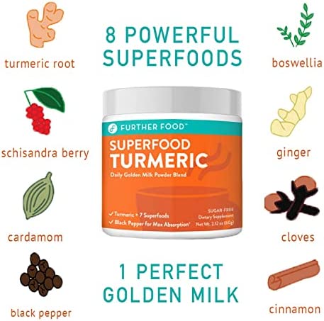 Further Food Superfood Turmeric Golden Milk Powder Boosted with 7 Superfoods & Adaptogens | Plant-Based, Sugar-Free, Non-GMO (90 Servings)