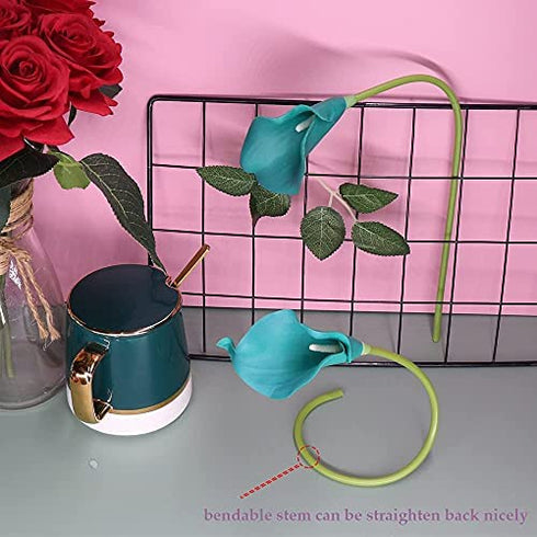 Mini 15" Artificial Calla Lily 10 Stem Bridal Bouquets Artificial Latex Real Touch Flowers for Home Party Decor (Teal Blue)