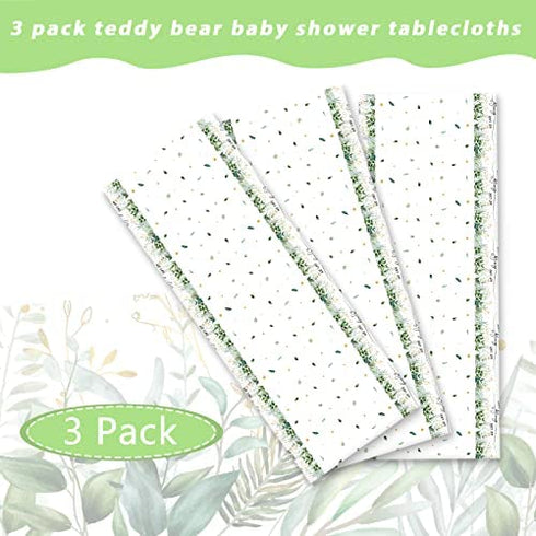 Bear Baby Shower Tablecloth Plastic Teddy Bear Table Cover We Can Bearly Wait Baby Party Decorations Greenery Leaves Table Cover for Baby Shower Kids Birthday Party Supplies, 54 x 108 Inch (1 Pack)