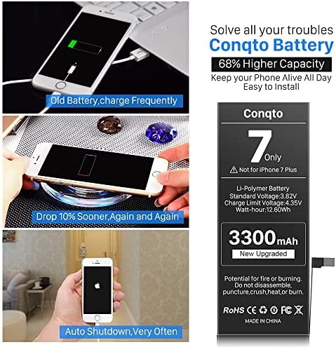 Conqto Upgraded Battery for iPhone 7, 3300mAh 2022 New Version Higher Capacity 0 Cycle Battery Replacement for iPhone 7 A1660, A1778, A1779 with Full Set Repair Tool Kits, Adhesive & Instructions