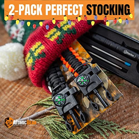 Atomic Bear Paracord Bracelet (2 Pack) - Adjustable - Fire Starter - Loud Whistle - Perfect for Hiking, Camping, Fishing and Hunting - Black & Black+Orange