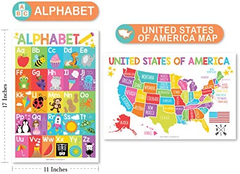 4 Alphabet, Map of United States, World Map, Solar System, ABC Posters Toddlers Wall Art Decor, Planets For Kid Chart, US Travel Map Laminated Kindergarten Classroom Prek Homeschool Supplies 11x17"