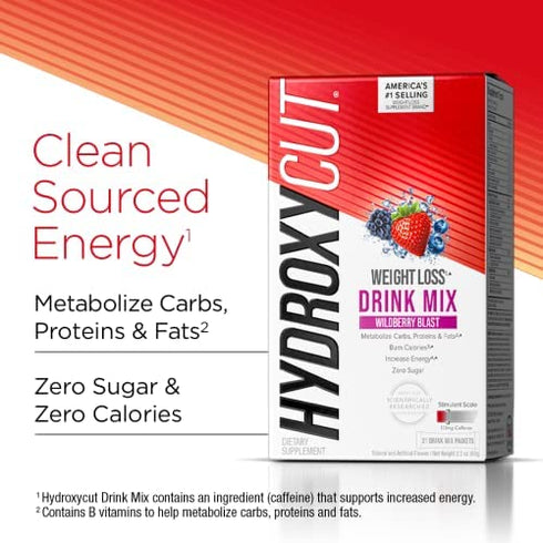 Hydroxycut Drink Mix | Weight Loss for Women & Men | Weight Loss Supplement | Energy Drink Powder | Metabolism Booster for Weight Loss | Wildberry Blast, 21 Packets (packaging May Vary)
