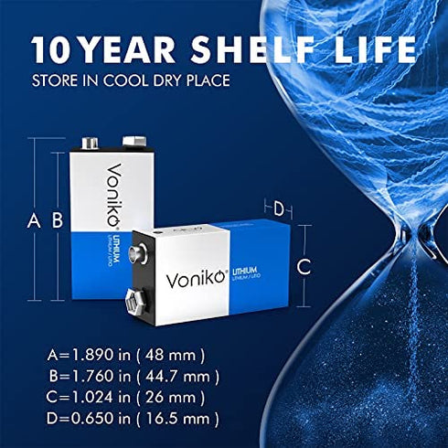 VONIKO Lithium Batteries 9 Volt 2 Pack – 9V Lithium Batteries – Long Life Smoke Detector Batteries 10 Years Shelf Life - 9 Volt Battery for Smoke Alarms and Medical Equipment