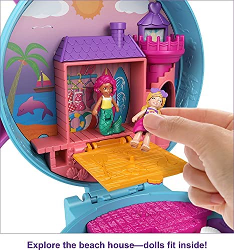 Polly Pocket Dolphin Beach Compact, Beach-Adventure Theme With Micro Polly & Mermaid Doll, 5 Reveals & 12 Accessories, Pop & Swap Feature, Great Gift For Ages 4 Years Old & Up