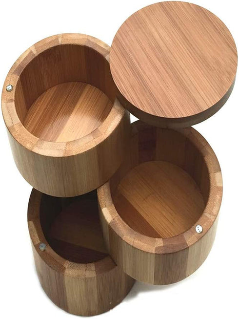 Dtacke Bamboo Salt Box Round Bamboo Jar Salt and Spices Storage Container Spice Container 3-Tier Bamboo Wood Container, Divided Spice Holder