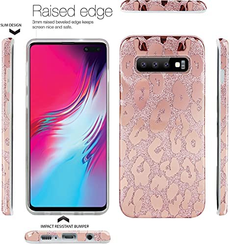 J.west Galaxy S10 Case 6.1-inch, Luxury Saprkle Bling Glitter Leopard Print Design Soft Metallic Slim Protective Phone Cases for Women Girls TPU Silicone Cover Case for Samsung S10 Rose Gold
