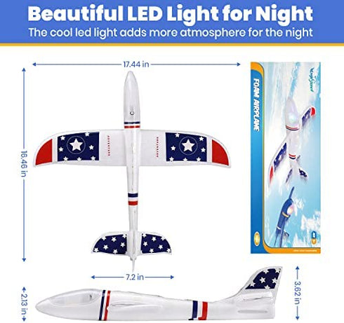 EagleStone ES22 Airplane Toys, 2 Pack 13.05'' Paper Plane with LED Lights, 2 Flight Mode Glider, Throwing Foam Airplane Flying Toy for Kid 3 4 5 6 7 8 9 Years Old Boys Girls, Birthday Party Favor Gift