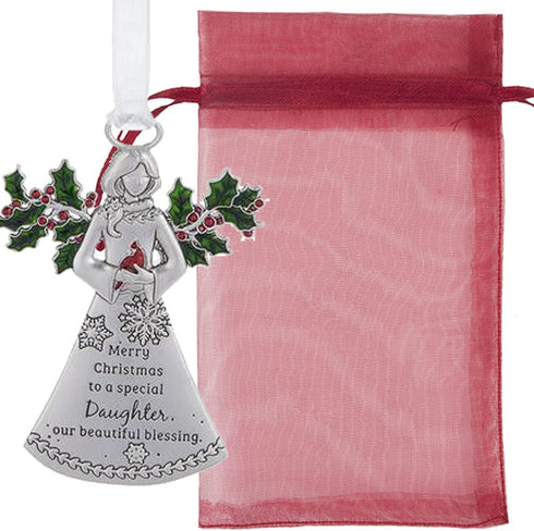 Daughter Angel with Holly Ornaments Merry Christmas to a Special Daughter Our Beautiful Blessing for Holiday Christmas Tree Décor Gifts from Mother, Father Presented in a Red Christmas Bag n Gift Box