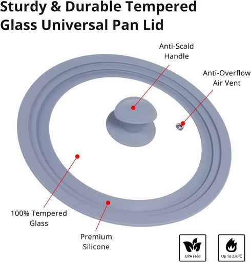 Universal Lid for Pots and Pans,Heat-Resistant Tempered Glass Frying Pan Lids One Size Fits All, Diameter Cookware Dishwasher Safe, Grey 3 In 1 Work Bakeware Silicone Pans Lids(7.9œ 8.7? 9.5œ, Grey)