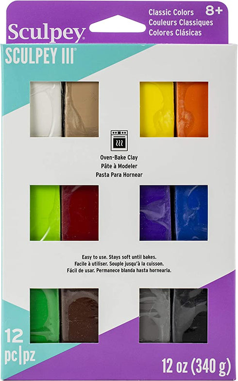 Sculpey III 12 Bright Colors of Polymer Oven-Bake Clay, Non Toxic 12 oz., great for modeling, sculpting, holiday, DIY & school projects.Great for kids & beginners!