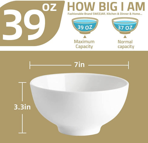 SWEEJAR 39 Ounce Serving Bowls for Salad Pasta Side Dish, 7 inch Ceramic Bowl Set for Family Daily Use, Stackable Bowls for Kitchen, Set of 4 (White)
