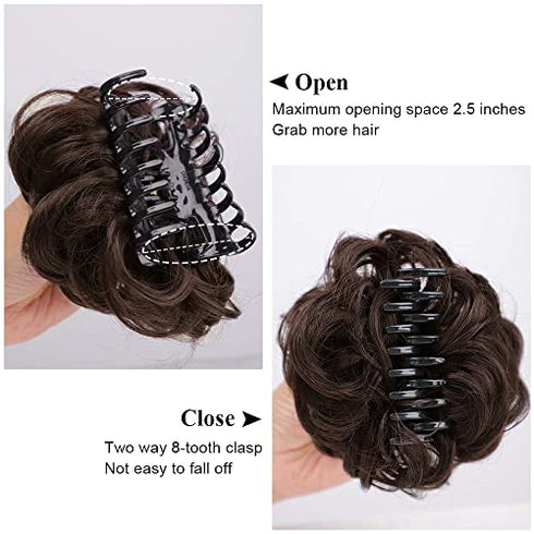 DeeThens Messy Bun Hair Piece Tousled Updo Hairpiece for Women Wavy Curly Scrunchies Clip in Claw Hair Bun Synthetic Chignon Claw Clip With Hair Attached (Darkest Brown)