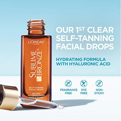 L'Oreal Paris Sublime Bronze Self Tan Drops for Face, Hyaluronic Acid, Self-Tanning Facial Drops, Buildable Tan, Customizable Sun-Kissed Glow, Gradual Tan, Fragrance-Free, 1 fl oz Packaging May Vary