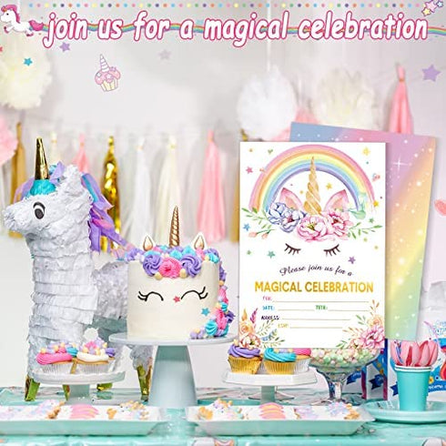 24 Pack Unicorn Birthday Invitation Unicorn Party Invitation Unicorn Invitation Card, 30 Rainbow Unicorn Sticker Labels, 24 Envelope Unicorn Party Supplies for Birthday ()