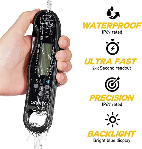 Digital Instant Read Meat Thermometer, Adoric Waterproof Food Thermometer with Backlight LCD, Kitchen Cooking Thermometer Probe for Grilling Oven Smoker BBQ