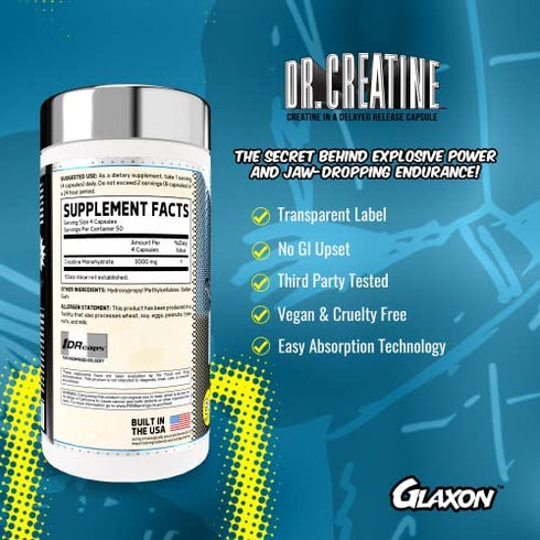 Glaxon Dr. Creatine, Creatine Monohydrate in Delayed Release Capsules, Creatine Pills for Enhanced Performance, Better Absorption, Reduced Stomach Discomfort, 200 Capsules, 50 Servings