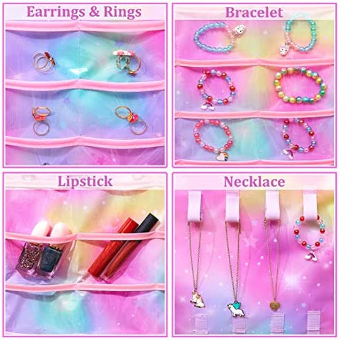FIOBEE Girls Hanging Jewelry Organizer Holder Unicorn Jewelry Storage Display with Hanger for Kids Earrings Necklace Bracelet