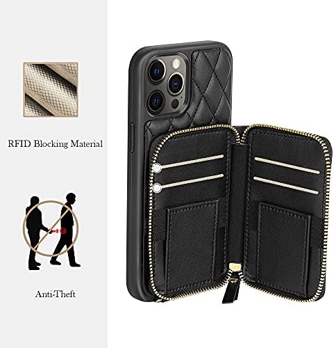 LAMEEKU Wallet Case Compatible with iPhone 12 Pro Max, Card Holder Case with Crossbody Strap Leather Handbag Case for Women Protective Case Compatible with iPhone 12 Pro Max 6.7''-Black