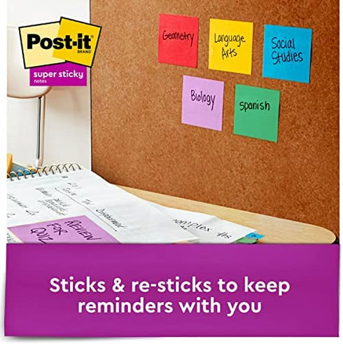 Post-it Super Sticky Notes, 3x3 in, 5 Pads, 2x the Sticking Power, Playful Primaries, Primary Colors (Red, Yellow, Green, Blue, Purple), Recyclable(654-6SSAN)