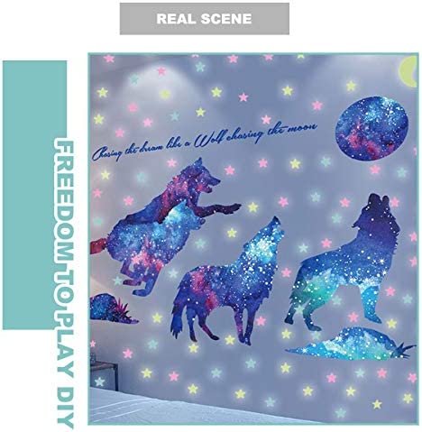 HO BEAR Starry Sky Galaxy Wolf Room Decor Wall Decal and Glow Moon Star Stickers Teen Bedroom Wall Decor Murals