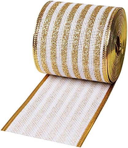 2-1/2" Wide 5 Yard Stripe Wired Edge Ribbon Christmas Ribbon for Gifts Wrapping Wreath Tree Ornaments (63MM-Glitter Gold)
