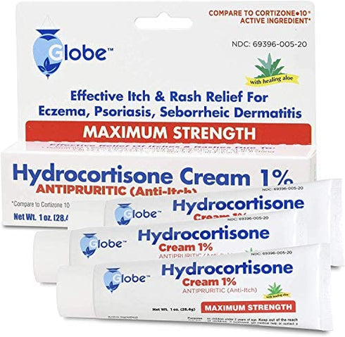 (3 Pack) Globe Hydrocortisone Maximum Strength Cream 1% w/ Aloe, Anti-Itch Cream for Redness, Swelling, Itching, Rash & Dermatitis, Bug/Mosquito Bites, Eczema, Hemorrhoids & More